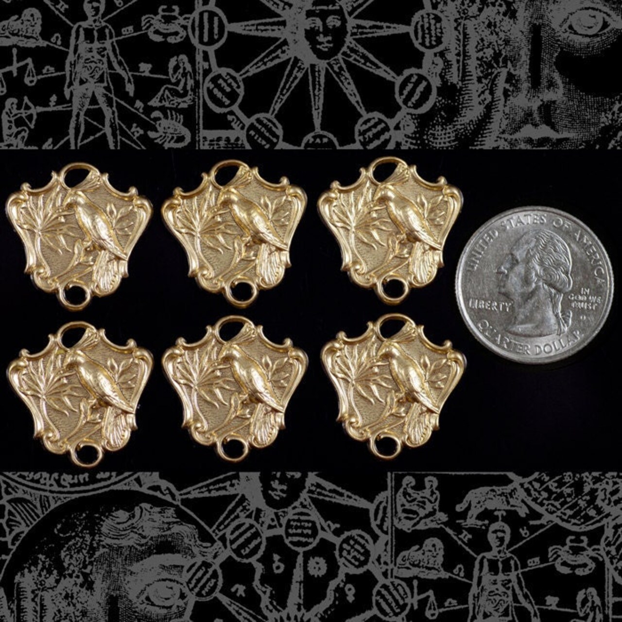 Raw Brass Embossed Bird Shield Connectors - Set of Six - B-2C33